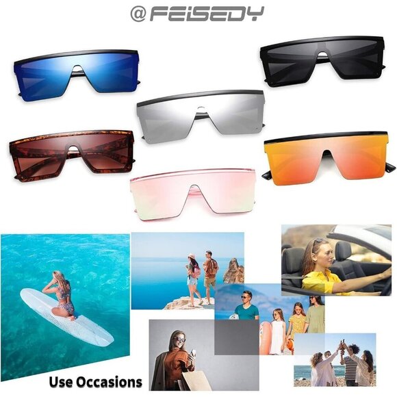 ❤️Women Pink FEISEDY Fashion Siamese Lens Sunglasses Men Succinct Style - Picture 6 of 9